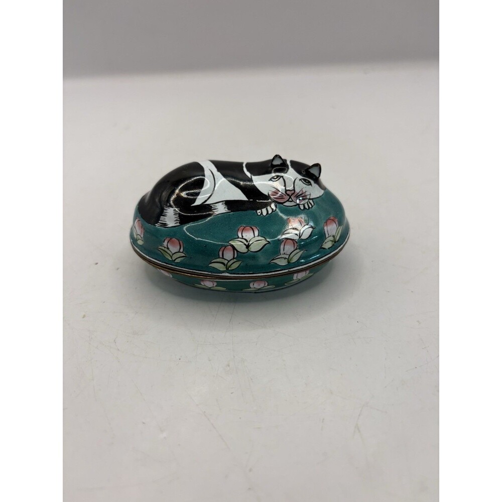 Vintage Canton Copper Enamel Cat Trinket Box Cloisonné Brass Edging